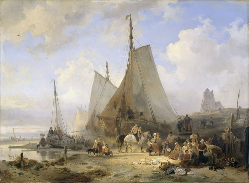 Wijnand Nuijen - Fishing Boats on the Beach with Fishermen and Women Sorting the Catch