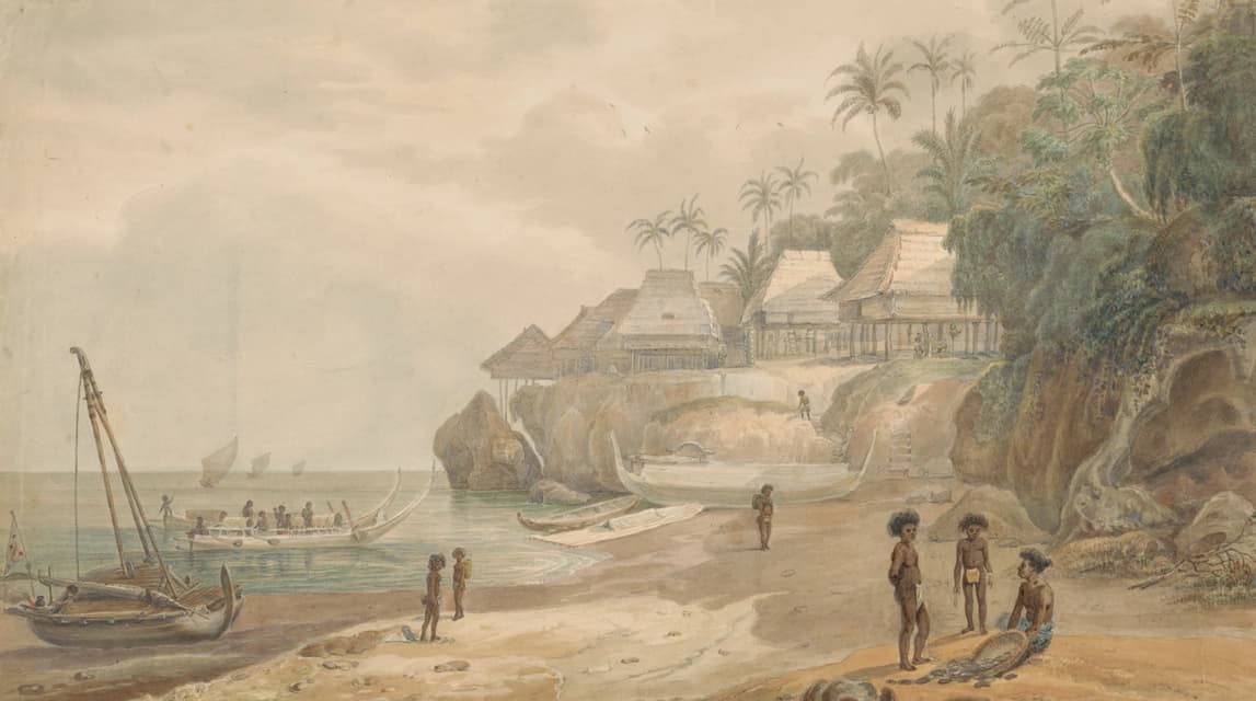 Adrianus Johannes Bik - Gezicht op een nederzetting van de oostkust van Workai, Aru-eilanden, Zuidoost-Molukken