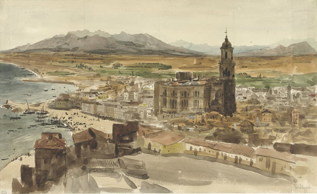 Adrien Dauzats - Gezicht op Malaga vanuit het Noorden