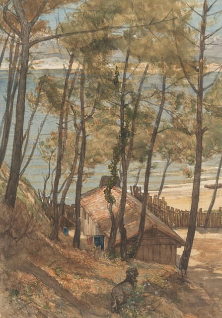 August Allebé - Gezicht vanaf een heuvel op een huisje aan de golf van Arcachon