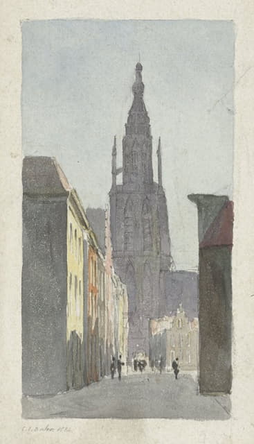 Carel Jacobus Behr - Straatgezicht met doorkijk op de Grote Kerk te Breda