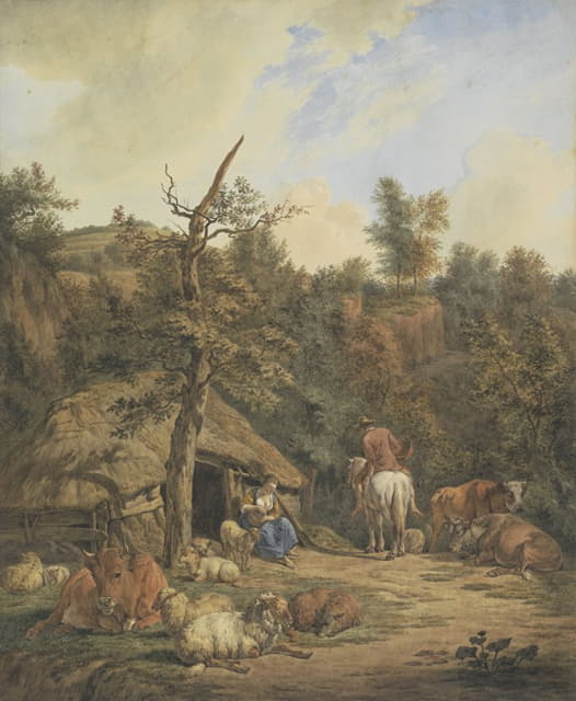 Hendrik Abraham Klinkhamer - Herder, herderin en vee rustend voor een vervallen stal, after Adriaen van de Velde