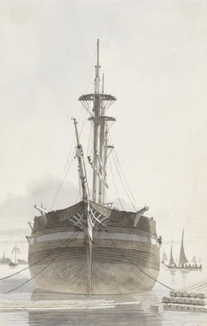 Hendrik Abraham Klinkhamer - Zeilschip van voren gezien in een houthaven