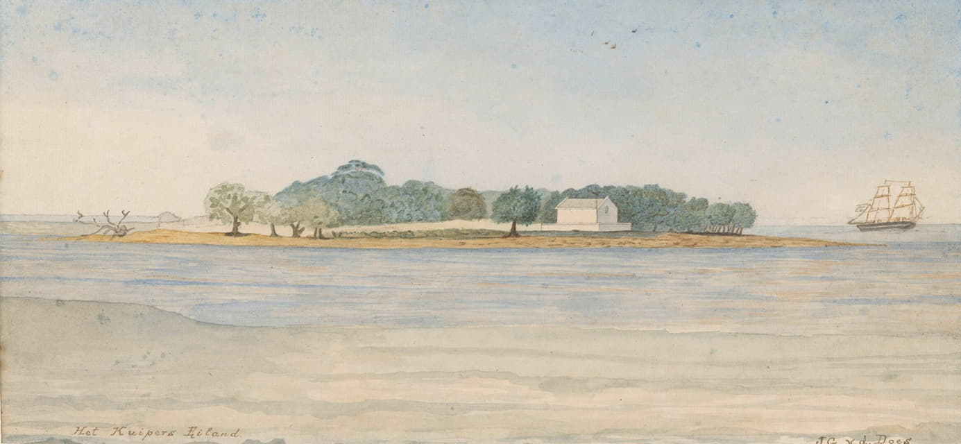 J. G. van der Does - Gezicht op het eiland Kuiper in de baai van Batavia