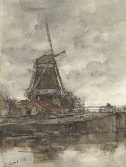 Jacob Maris - Molen en de brug bij de Noord-West-Buitensingel in Den Haag