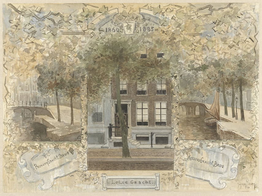 Jan van Essen - Huis op de Leliegracht, geflankeerd door de bruggen over de Prinsengracht en de Keizersgracht