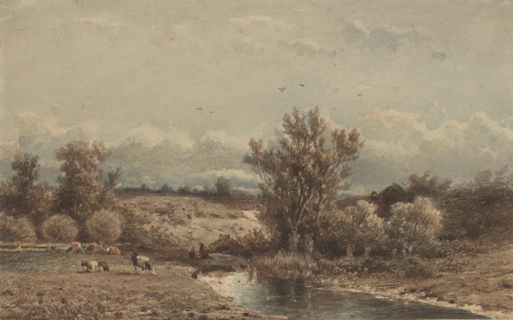 Jan Vrolijk - Landschap met rivier en koeien