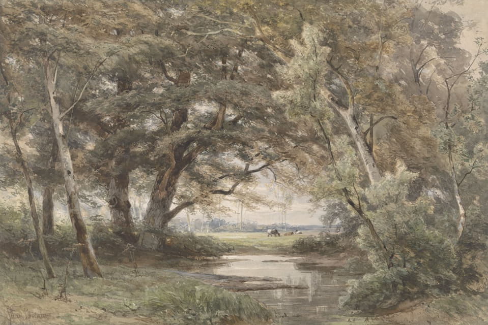 Jan Willem van Borselen - Watertje onder bomen aan het einde van een bos
