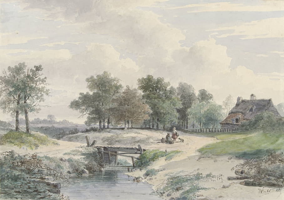 Johannes Warnardus Bilders - Landschap met bruggetje en figuren voor een boerderij