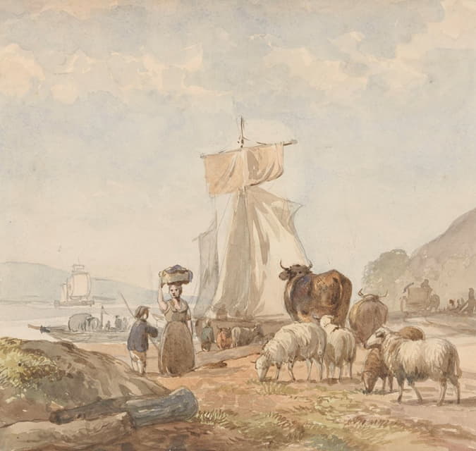 Julius Jacobus van de Sande Bakhuyzen - Figuren met vee bij rivieroever met veerboot