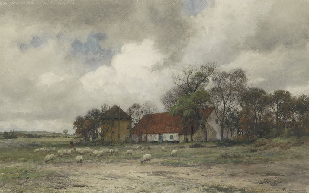 Julius Jacobus van de Sande Bakhuyzen - Landschap met boerderij en herder met schapen