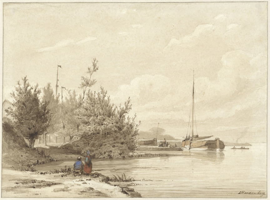 Lambertus Hardenberg - Landschap met gemeerde boten aan een rivieroever