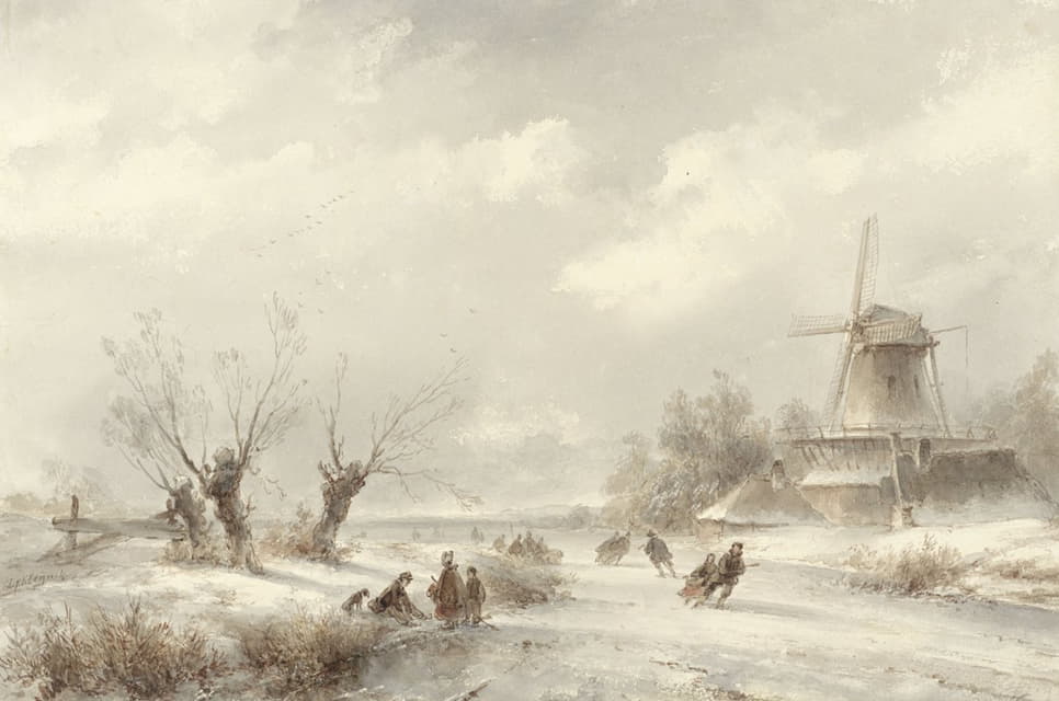 Lodewijk Johannes Kleijn - Winterlandschap met schaatsenrijders bij een molen