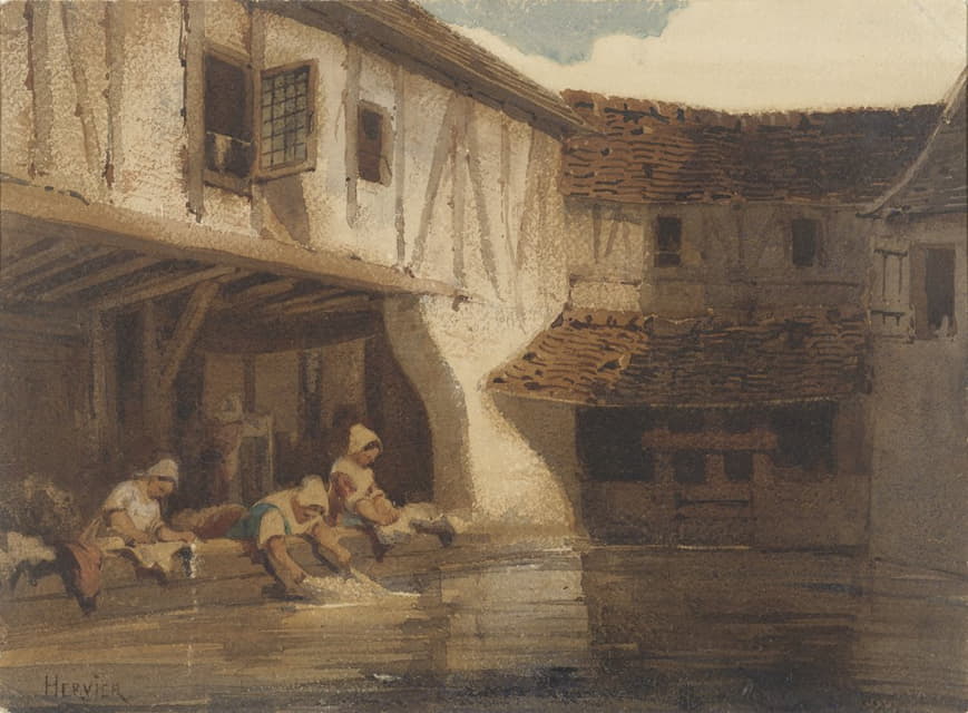Louis-Adolphe Hervier - Wassende vrouwen in een open hal van een huizencomplex aan het water