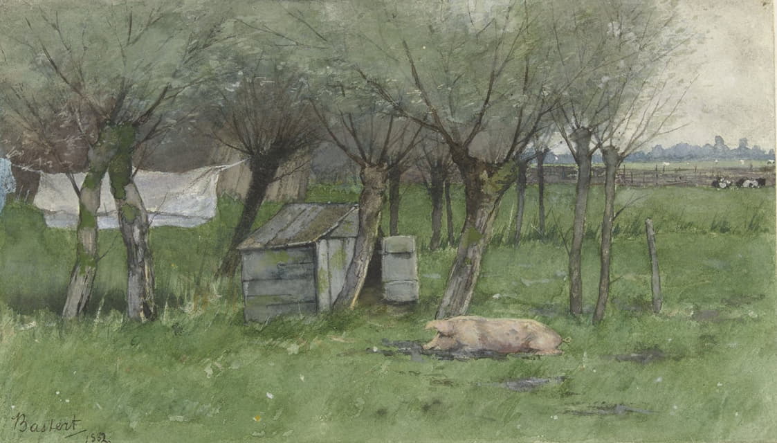 Nicolaas Bastert - Boerenerf met liggend varken