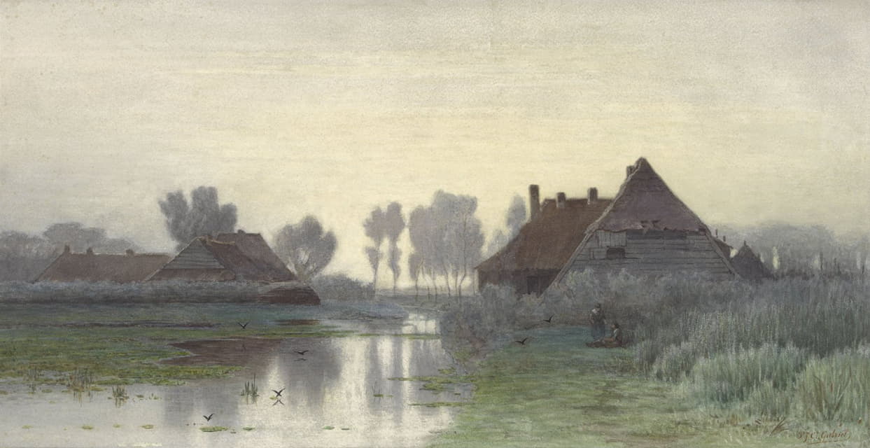 Paul Joseph Constantin Gabriël - Boerenwoningen aan het water bij ochtendnevel