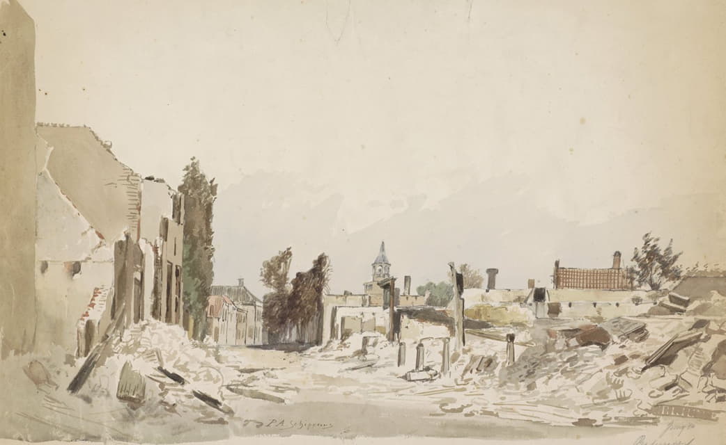 Piet Schipperus - De ruïnes te Bodegraven na de brand van juni 1870