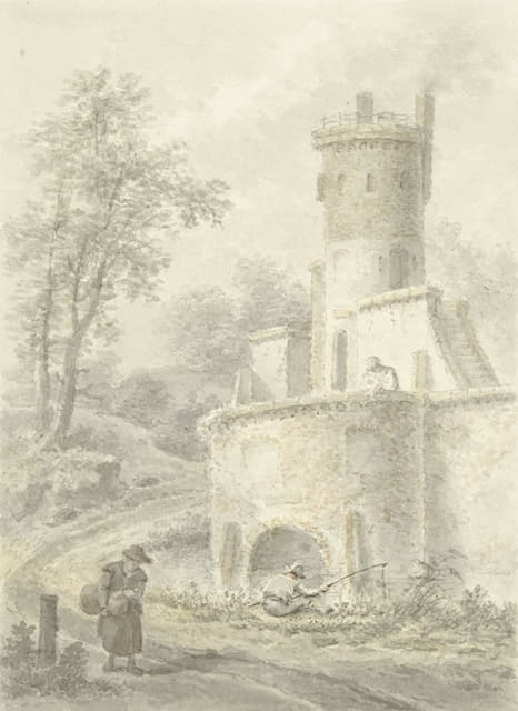 Pieter Bartholomeusz. Barbiers - Landschap met hengelaar en wandelende vrouw bij een vestingtoren