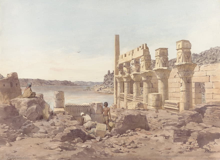 Willem de Famars Testas - Gezicht op de tempelruïnes te Philae bij Aswan