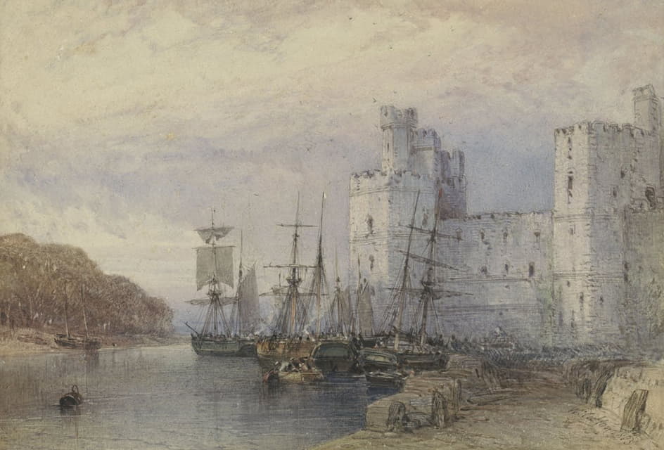 William Callow - Landschap met schepen voor Caernarvon Castle