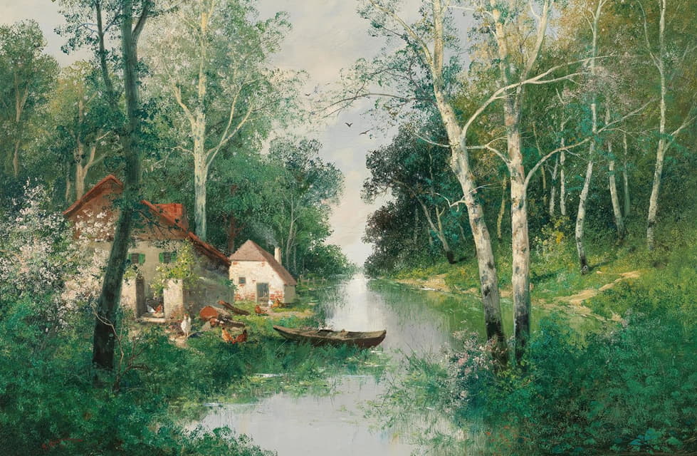 Adolf Kaufmann - A River Landscape in Spring