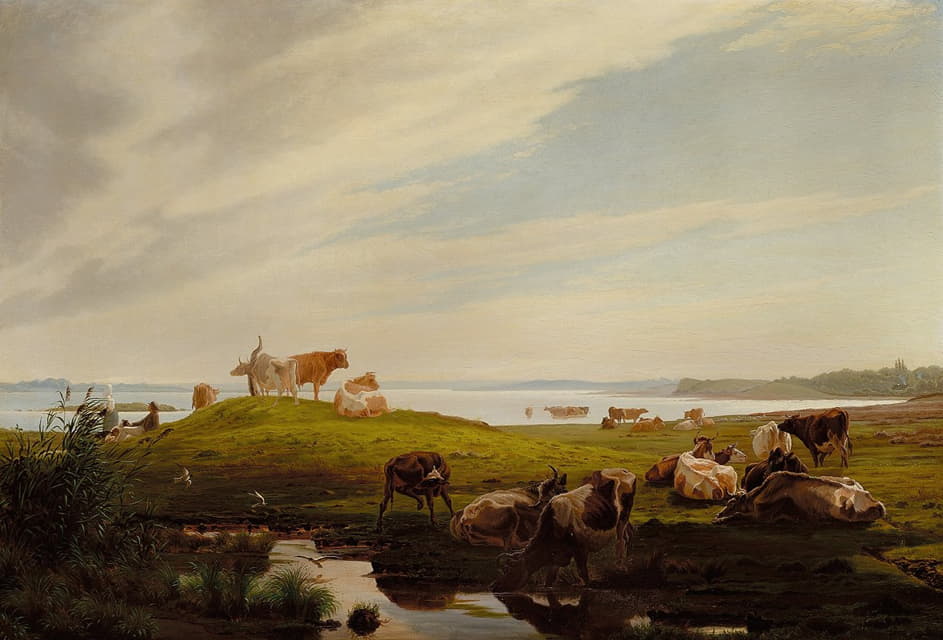 Adolf Mackeprang - Græssende køer ved fjorden