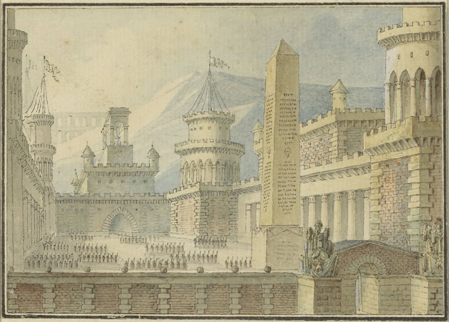 Alphonse Jean Baptiste Vien - Binnenplaats van een versterkt kasteel met obelisk, troepen in het gelid