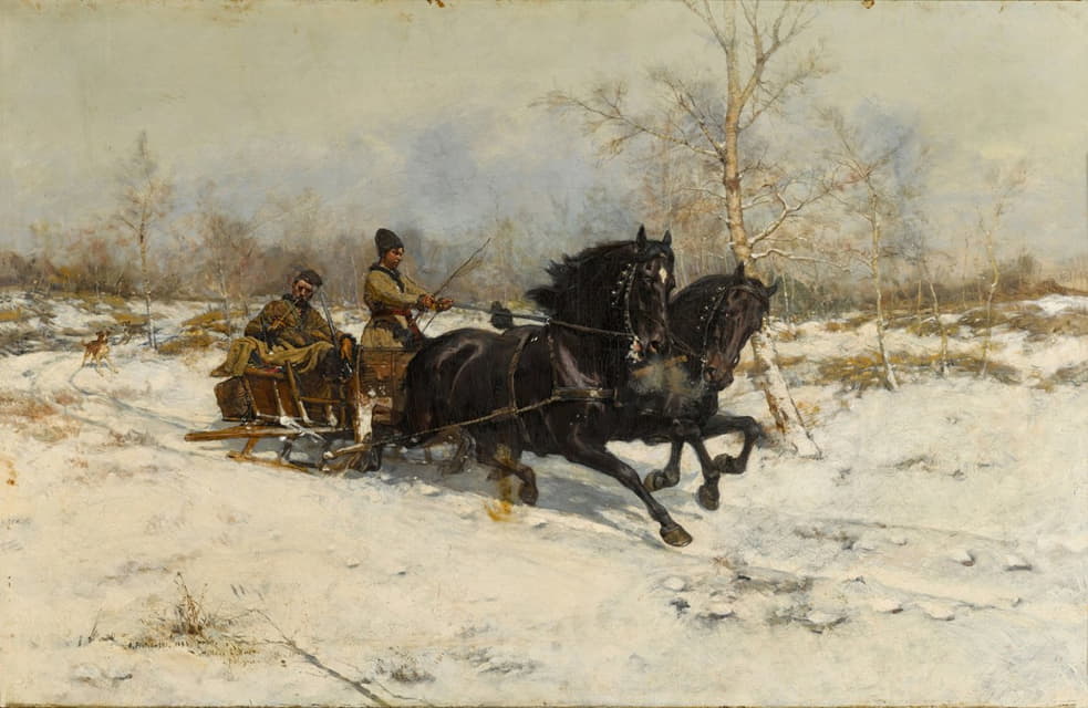 Antoni Piotrowski - Winter landscape with a Horse Drawn Carriage