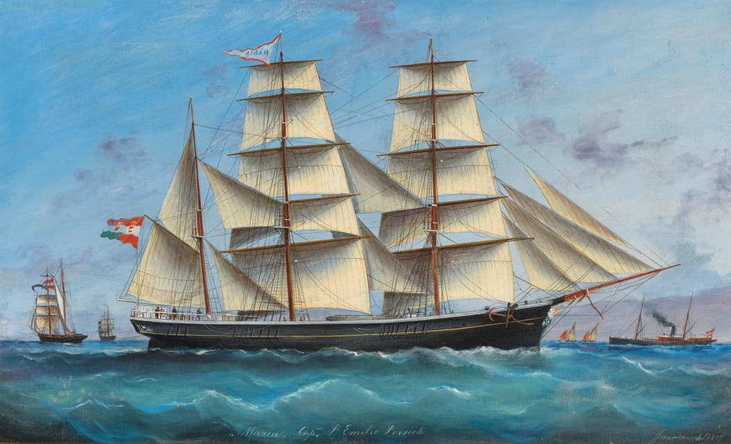 Basilio Ivankovic - The barque MARIA of Captain Emilio Persich sailing under all sails and the Austro-Hungarian merchant flag off the home coast