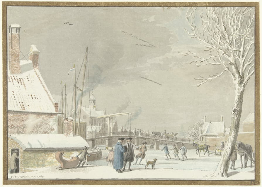 Cornelis van Noorde - Bevroren stadsgracht met schaatsers