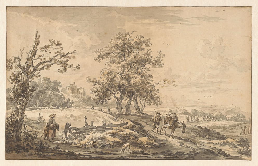 Egbert van Drielst - Vrouw met kind en man met ezel in landschap