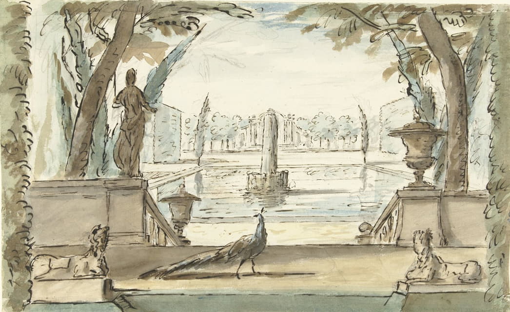 Elias van Nijmegen - Gezicht in een tuin met een vijver, een fontein en een pauw