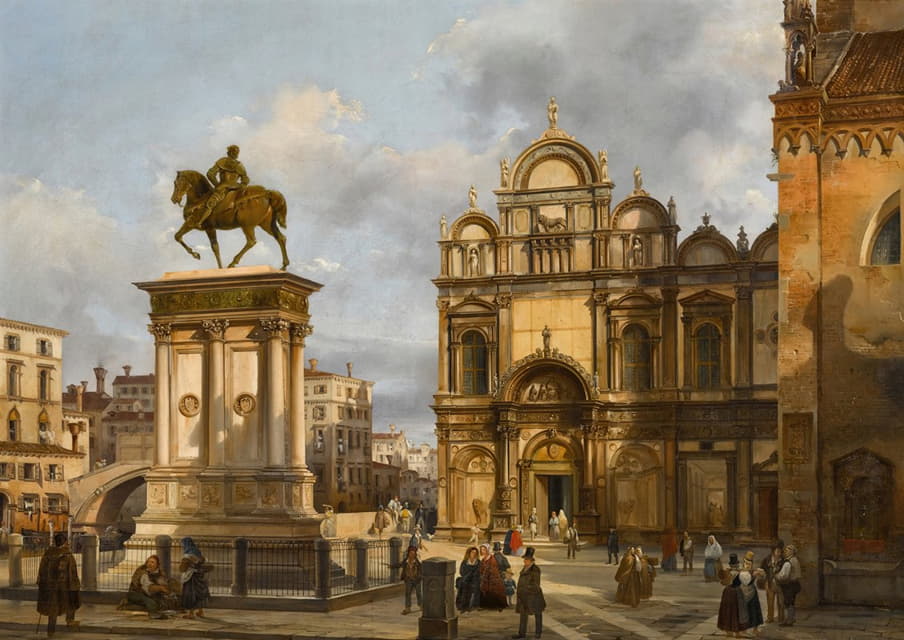 Federico Moja - Venice, a View of the Campo Santi Giovanni e Paolo, with the Equestrian Monument to Bartolomeo Colleoni and the Scuola Grande di San Marco in the Background