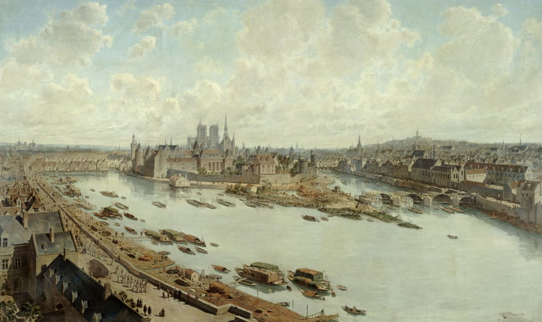 1588年从卢浮宫屋顶俯瞰巴黎全景，新桥正在建造中