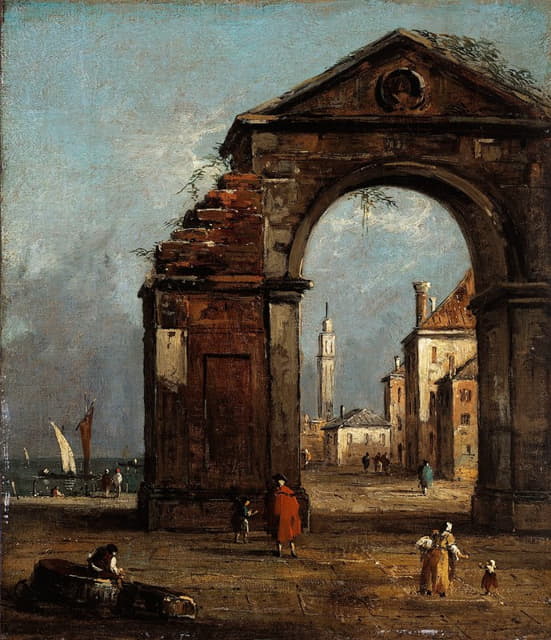 Francesco Guardi - Caprice, avec arc triomphal en ruine et paysage du bord de la lagune