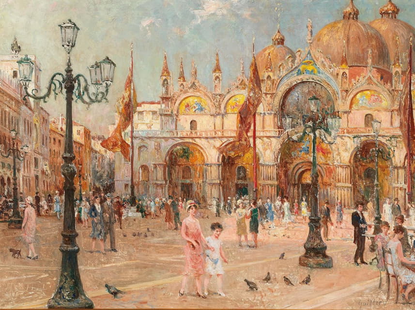 Franz Guillery - Venice, a Lively Scene on St Mark’s Square