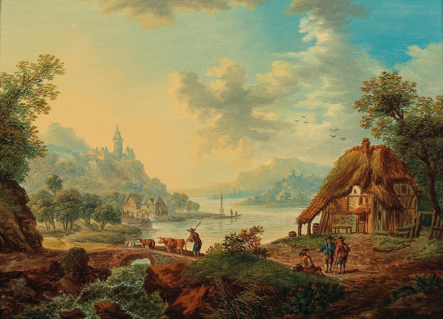 Franz Hochecker - Rhenish river landscape with countryfolk