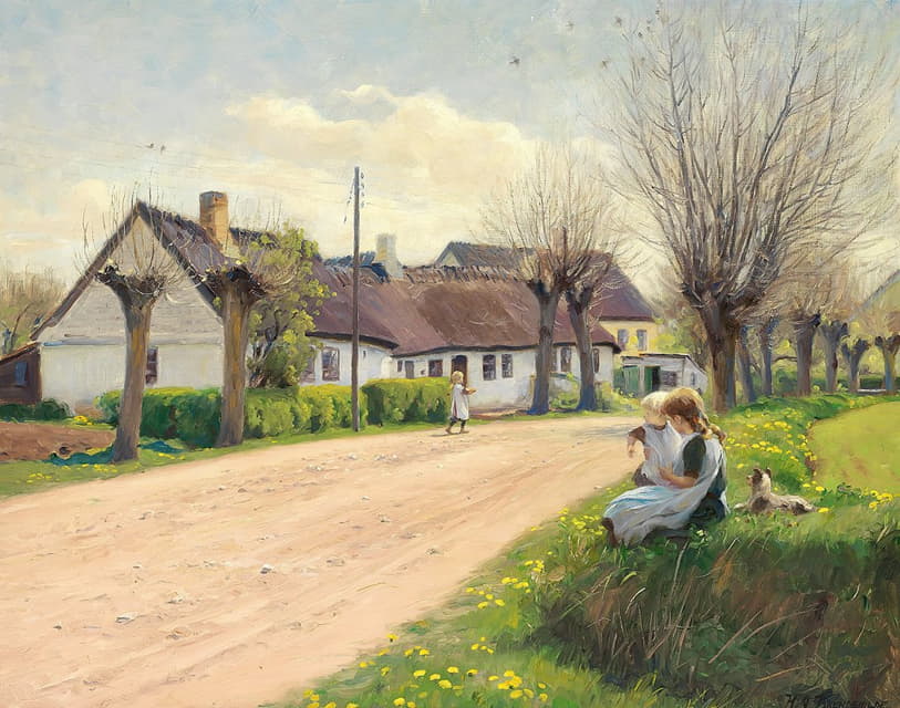 Hans Andersen Brendekilde - Forår i landsbyen med piger i vejkanten
