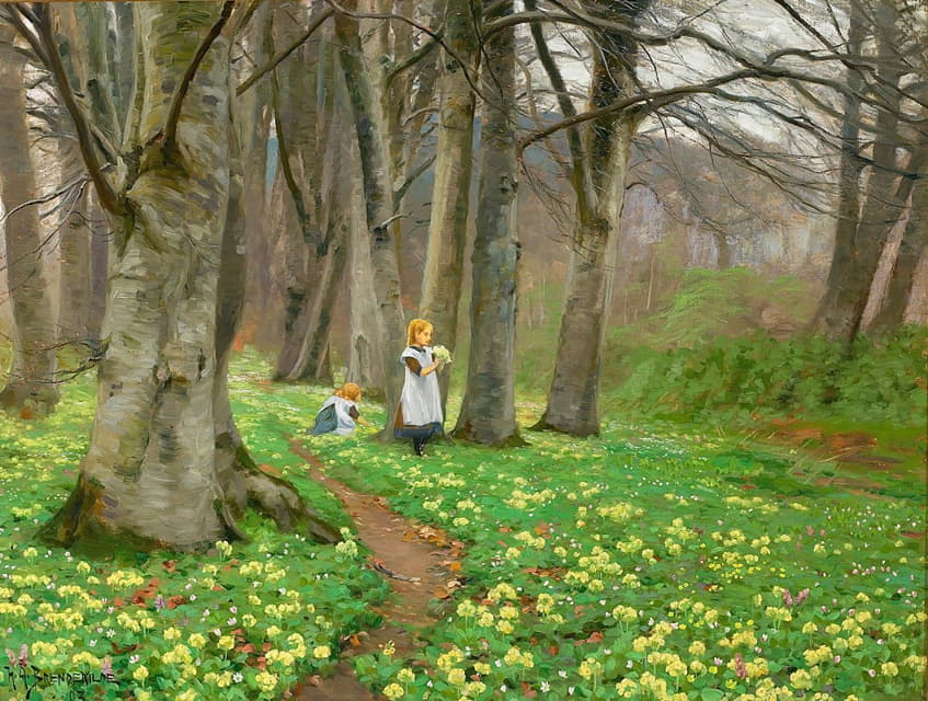 Hans Andersen Brendekilde - To piger plukker blomster i forårsskov