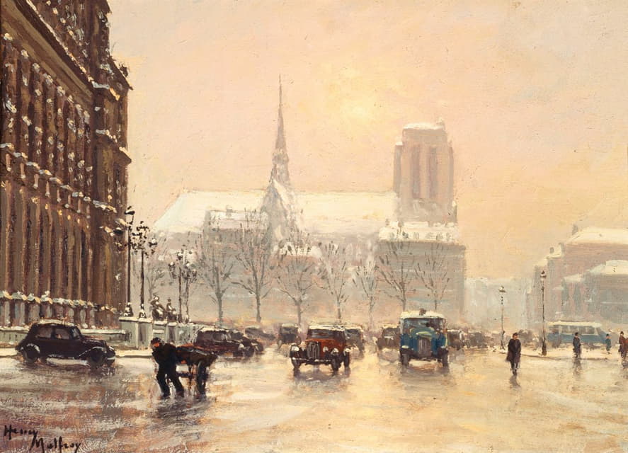 Henry Malfroy - Notre-Dame vue de la place de l’Hôtel de Ville, par temps de neige