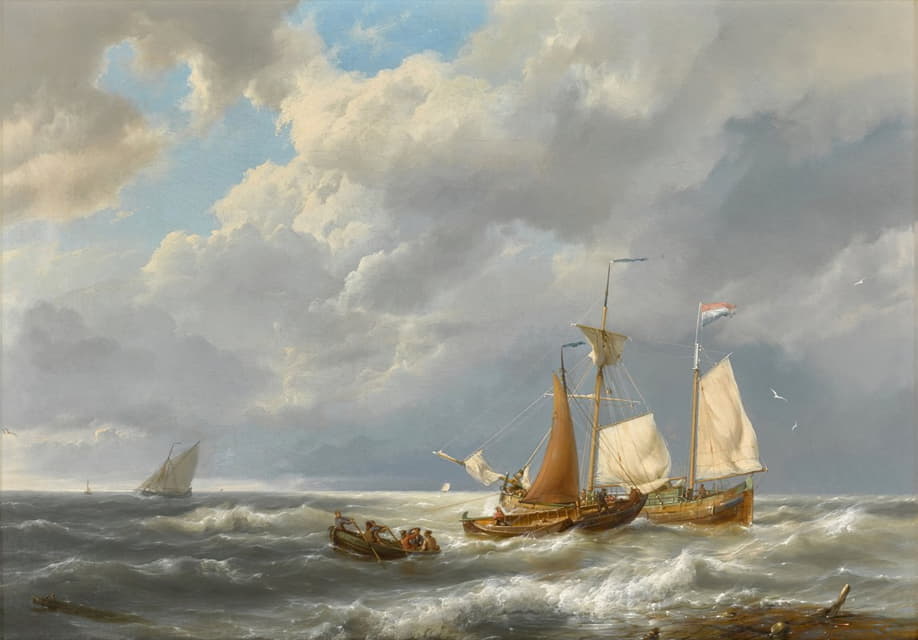 大风中，一艘荷兰驳船在小船中驶离海岸