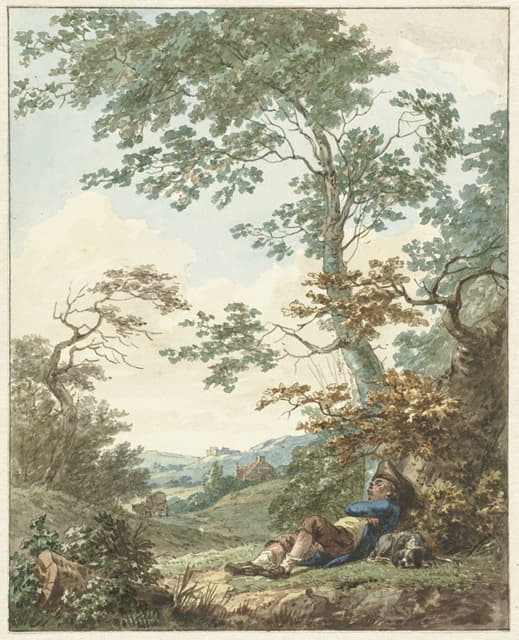 Hermanus Numan - Slapende man met hond onder een boom