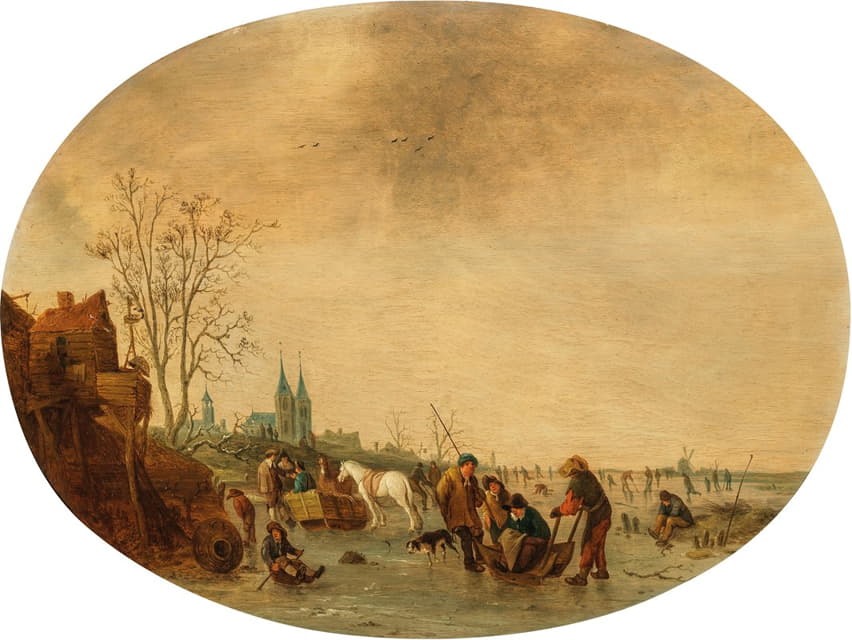Isaac van Ostade - A winter landscape with skaters on the ice