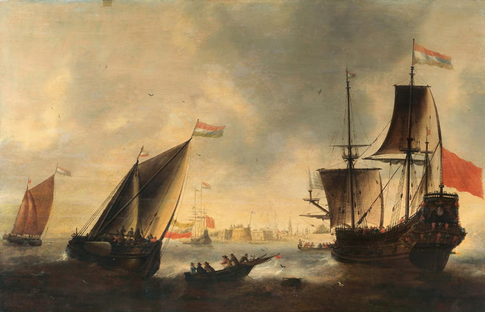 荷兰船只在海上航行，一个遥远的城市