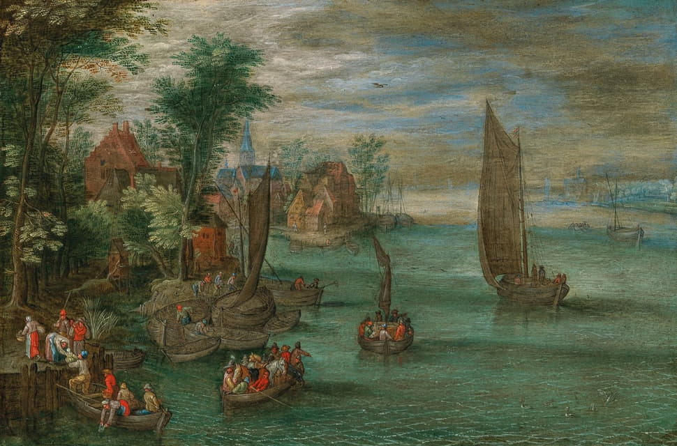 Jan Brueghel the Younger - A river landscape with ferries and sailing boats