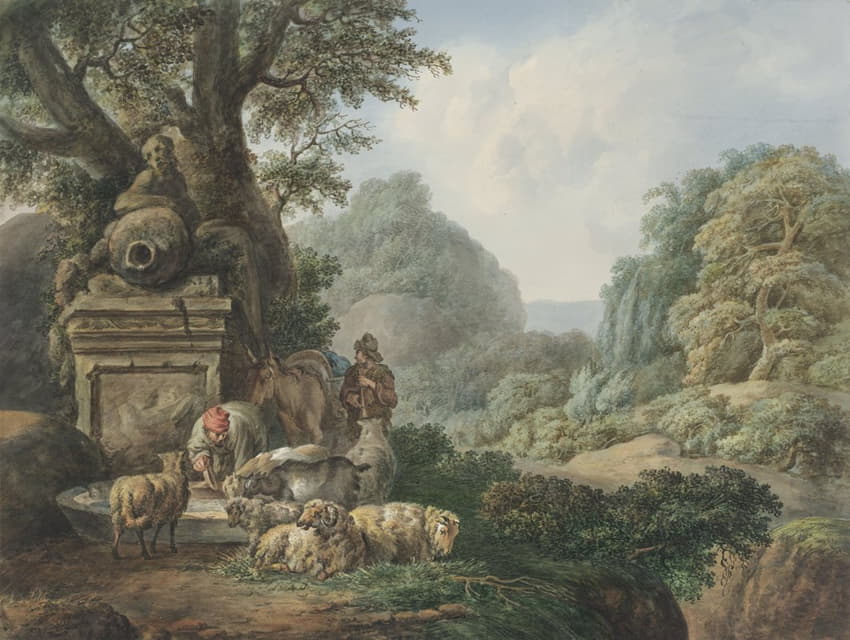 Jan Willem Pieneman - Landschap met herders bij een waterplaats