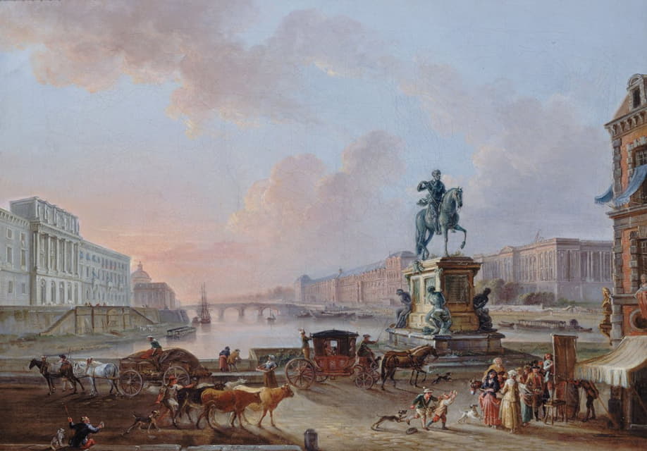 Jean-Baptiste Lallemand - La Monnaie, le Pont Royal et le Louvre, vus du terre-plein du Pont-Neuf