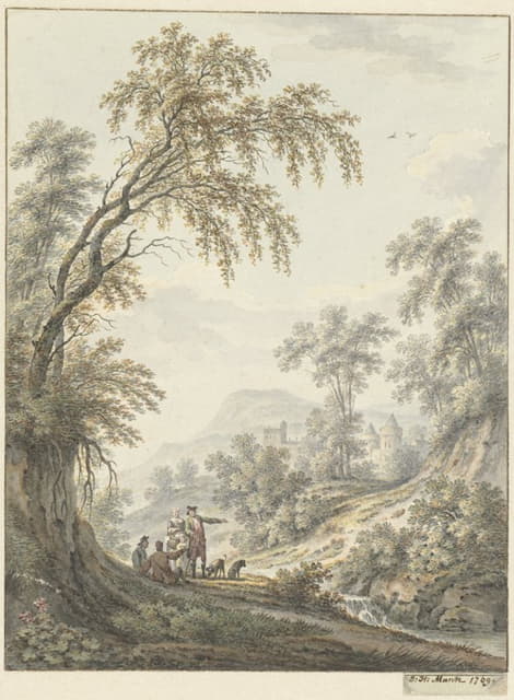Johann Heinrich Müntz - Landschap met watervalletje en in de verte een kasteel