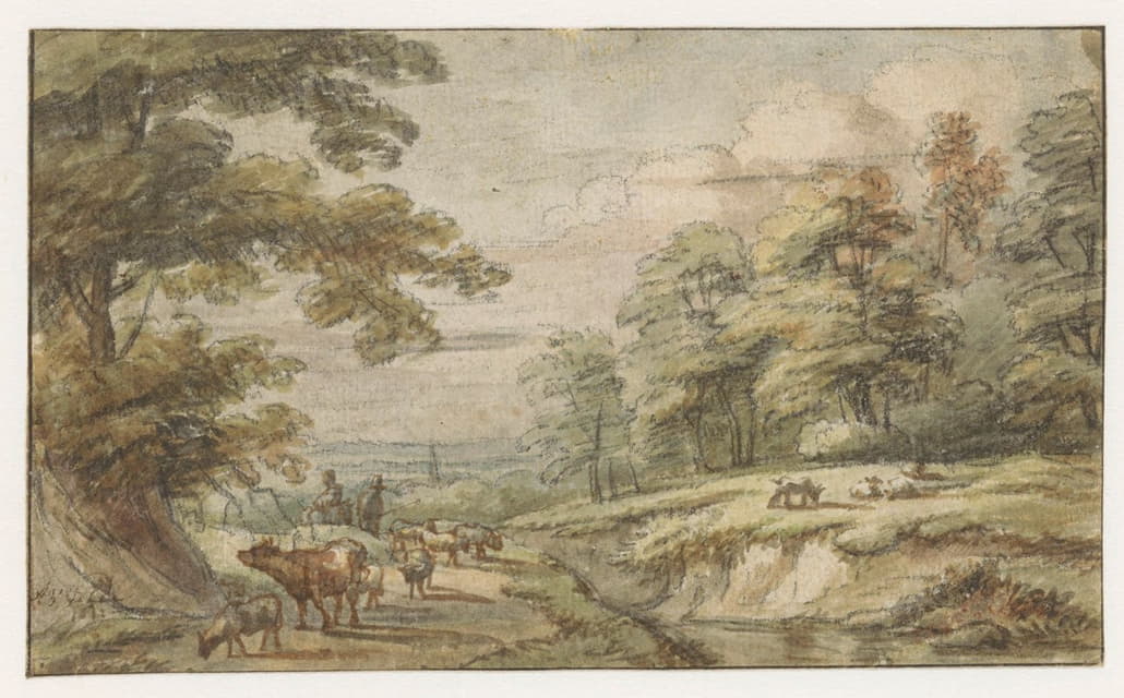 Lucas van Uden - Heuvelachtig landschap met kudde schapen en koe