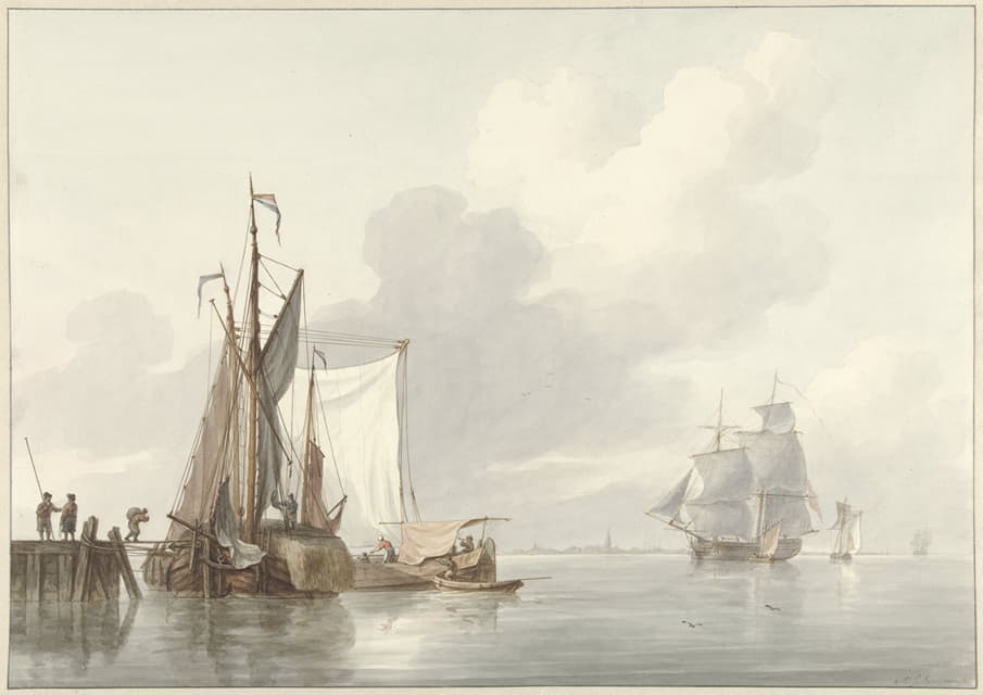 Martinus Schouman - Riviergezicht met afgemeerde schepen